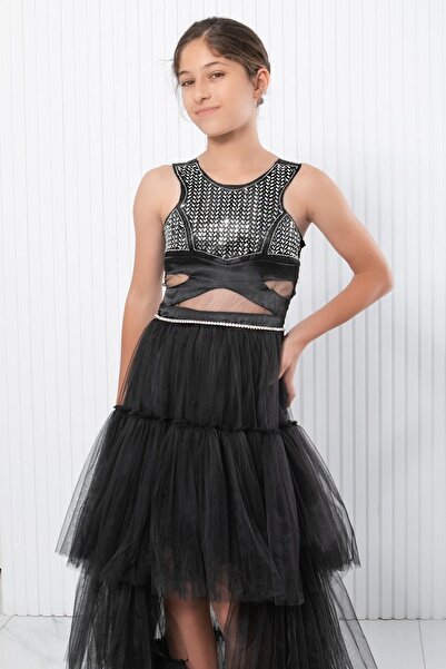 SUBU TASARIM Βραδινό φόρεμα από μαύρο τούλι - Λεπτομέρεια εκτύπωσης από πέτρα, MDV340