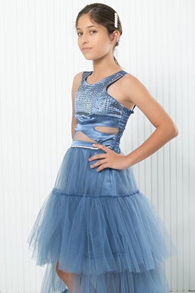 SUBU TASARIM Βραδινό φόρεμα από τούλι Indigo - Λεπτομέρεια εκτύπωσης με πέτρα, MDV340