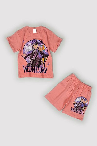 Peki Set de vară pentru fete din bumbac pieptănat 70% bumbac Wednesday Viola Printed Sort 14708