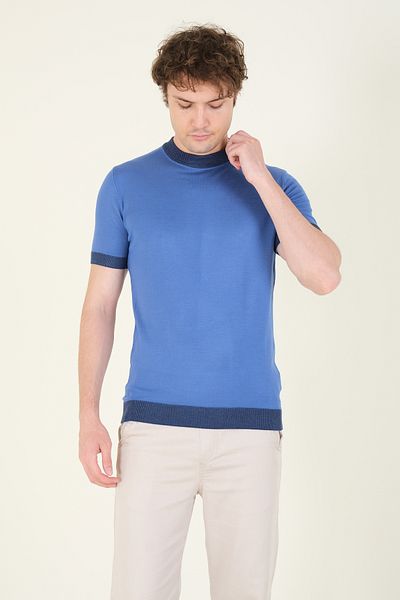 Giyim Dünyası Μπλε ανδρικό T-Shirt - Half Fisherman Mercerized