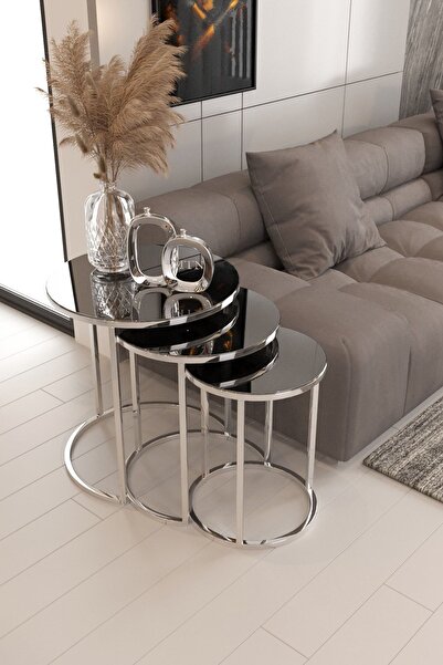 Nies Aksesuar Armoni 3'lü Zigon Sehpa Gümüş Ayak Füme Ayna