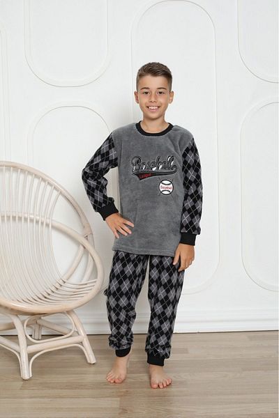 bigiyin Gray Boy's Fleece Pajama Set Children's Winter Pajama Set Thick Pajamas