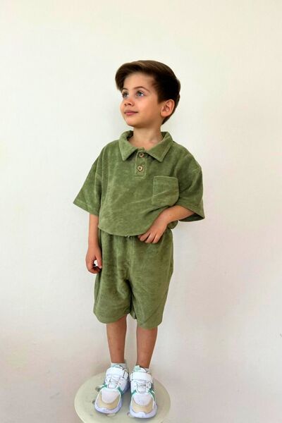 Pollito Boy's Khaki T-Shirt and Shorts 2-Piece Set - Shirt Collar Towel Fabric