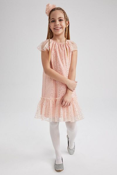 DeFacto Girls Short Sleeve Tulle Dress Hair Clip 2-Piece Set Z6414a623sm