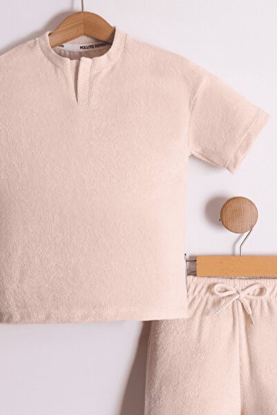 Pollito Хлопчачий комплект з футболки та шортів кольору екрю, 2 предмети - велосипедний комір, напівдовгі шорти з махрової тканини