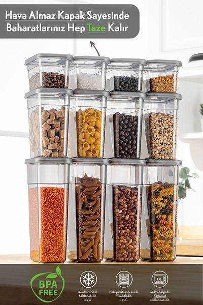 Meleni Home 12-Piece Spice Jar Storage Container Set with Label - Leak-Proof Lid, with Spoon - 4x(580 ml, 1100 ml, 1580 ml)