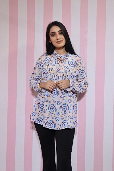 EGELİMODA Tesettür Beyaz Çiçekli Etnik Desen Keten Tunik