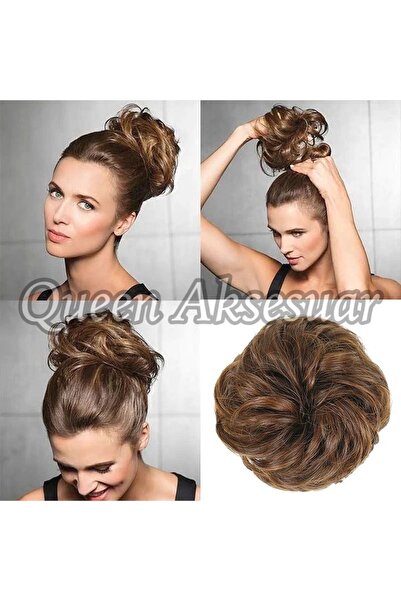 QUEEN AKSESUAR İthal lüks fiber lastikli postiş peruk hazır dağınık topuz saç...