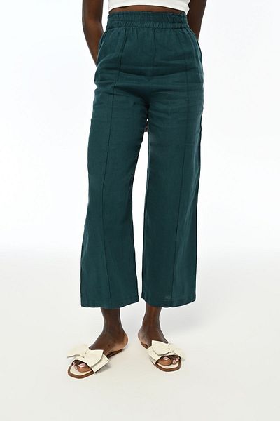 Orfeo Negro Petrol Colored Women's Trousers - Comfortable Fit, 100% Linen, Wide Leg