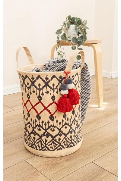 alas teks Καλάθι Κιλίμ, Στρογγυλό, Διακοσμητικό Καλάθι Αποθήκευσης με Φούντες