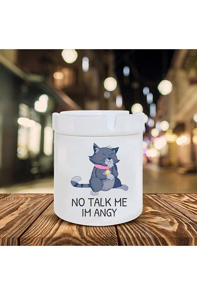 Kumbara Hediyelik Angy Cat Printed Ceramic Ashtray - No Talk Me