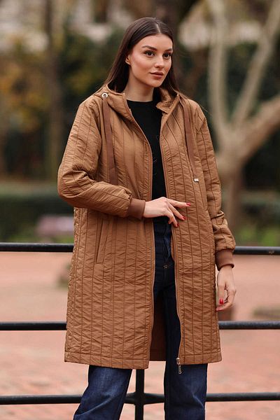 Giyim Dünyası Women's Hooded Quilted Trench Coat Tan