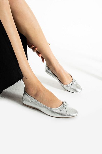 trendyhit Gone Lame Bow Genuine Leather Women's Ballerinas