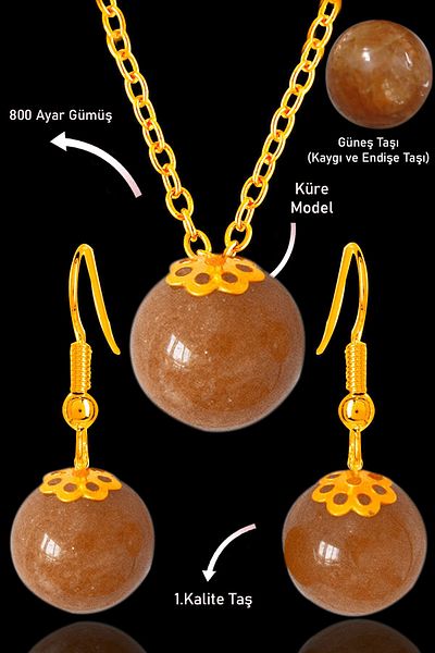 Tesbih Atölyesi Gold Globe Model Sun Stone Necklace and Earring Set - Silver Apparatus - Dark Color Certified