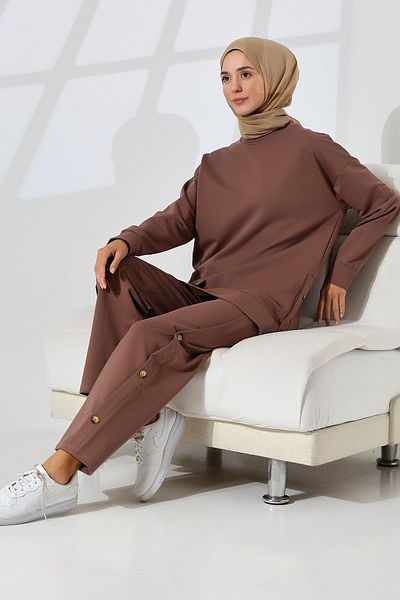 Mihran Butik Γυναικείο καφέ εποχιακό χτενισμένο βαμβακερό παντελόνι με διπλό τουνίκ κομψό κοστούμι Hijab