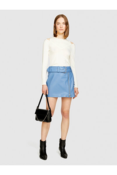 Sisley Light Blue Viscose Mini Skirt - Faux Leather with Belt and Zipper Detail