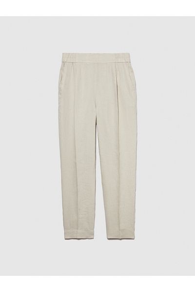 Sisley Beige Linen Trousers - 100% Linen, Elastic Side, Pleated Front Design
