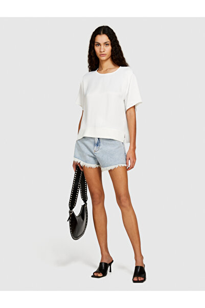 Sisley Λευκή παχύρρευστη μπλούζα με φαρδύ γιακά - ραβδώσεις και σκισίματα, 100% παχύρρευστη φούστα