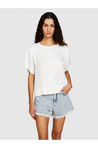 Sisley Λευκή παχύρρευστη μπλούζα με φαρδύ γιακά - ραβδώσεις και σκισίματα, 100% παχύρρευστη φούστα