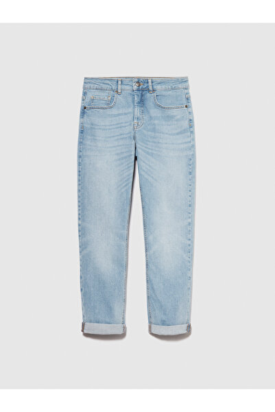 Sisley Pantaloni de damă din bumbac elastic, albastru gheață, cu talie obișnuită, cu picioare drepte