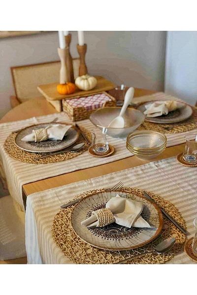HOME ART ATELIER hand made Milky Brown Striped Organic Cotton Linen Runner 40x140