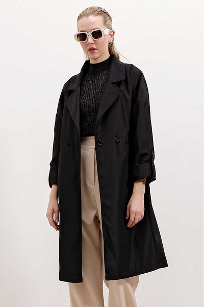 Giyim Dünyası Black Double-breasted Collar Lined Women's Trench Jacket