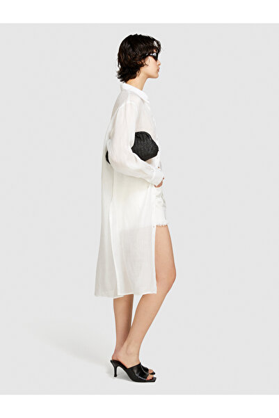 Sisley Λευκό γυναικείο πουκάμισο Ramie - 100% Raya, με κουμπιά και ψηλό σκίσιμο