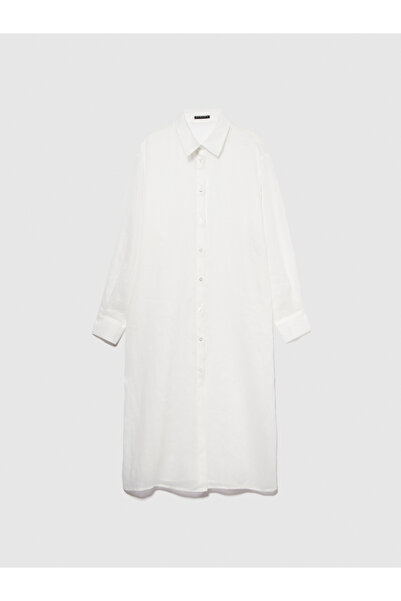 Sisley Λευκό γυναικείο πουκάμισο Ramie - 100% Raya, με κουμπιά και ψηλό σκίσιμο