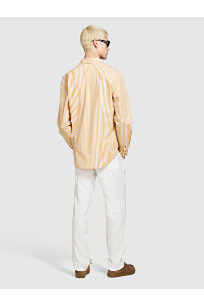 Sisley Erkek Hardal Mix Pamuk Karışımlı Çizgili Arkası Pileli Slim Fit Gömlek