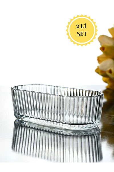 İnova Home Decor 2-Piece Line Patterned Rectangular and Breakfast Glass Bowl Set