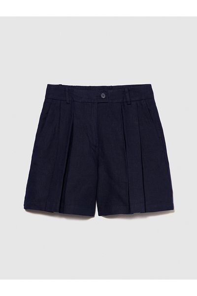 Sisley Navy Blue Linen Shorts - Double Pleated Front, 100% Linen