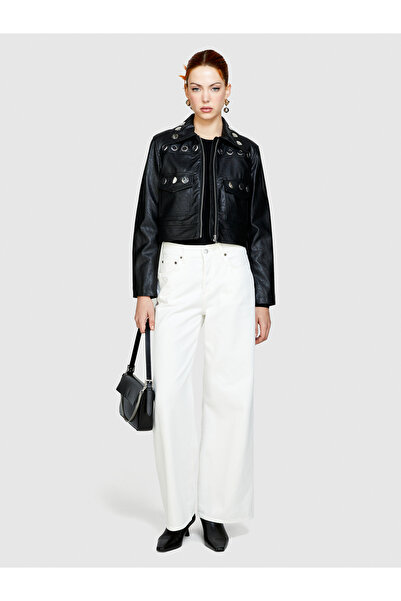 Sisley Λευκό 100% βαμβακερό γυναικείο παντελόνι με φαρδύ πόδι με χαμηλή μέση