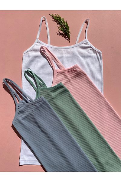 LEYNA BUTİK Women's 4 Pieces Corded, Cotton, Lycra, Ribbed Blouse with Rope Straps (Green-Pink-Blue-White)