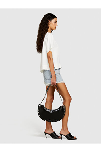 Sisley Λευκή παχύρρευστη μπλούζα με φαρδύ γιακά - ραβδώσεις και σκισίματα, 100% παχύρρευστη φούστα