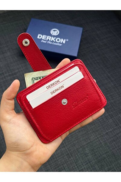 DERKON Genuine Leather Unisex Red Card Holder Wallet