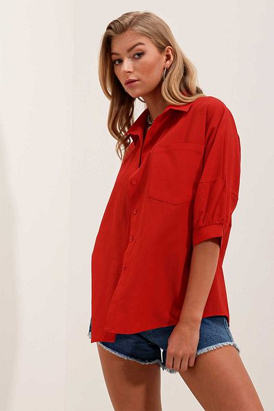 Giyim Dünyası Red Oversize Women's Shirt - Short Sleeve