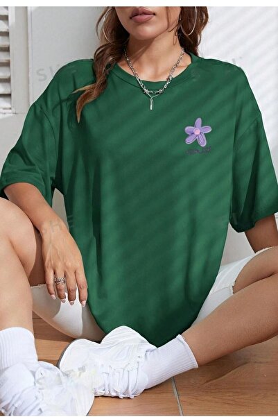 over head oh Tricou Nefti Verde Oversize - Imprimat Figura Flori