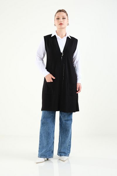 Giyim Dünyası Black Combed Cotton Vest - Women, Three Buttons