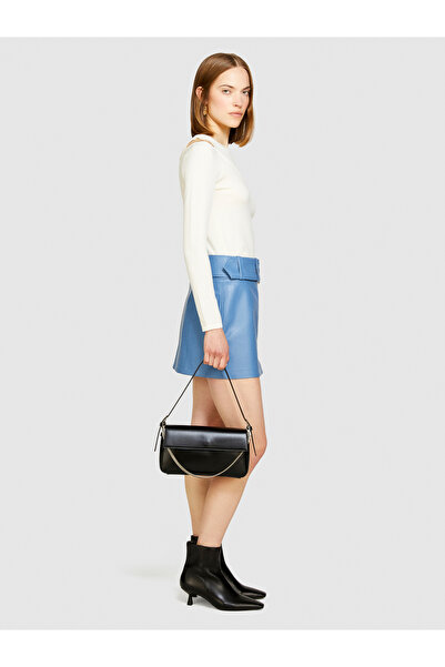 Sisley Light Blue Viscose Mini Skirt - Faux Leather with Belt and Zipper Detail