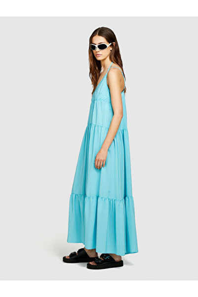 Sisley Light Blue Ruffled 100% Cotton Long Women's Dress with Tie at the Neck