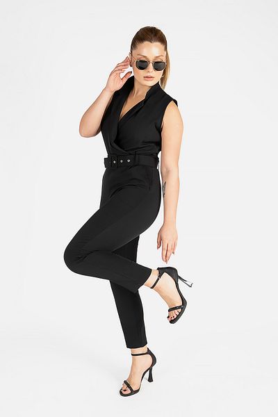 Giyim Dünyası Black Double-breasted Women's Jumpsuit with Collar and Belt
