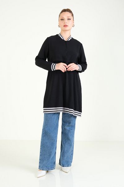 Giyim Dünyası Black Tunic - Ribbed Collar and Half Zipper