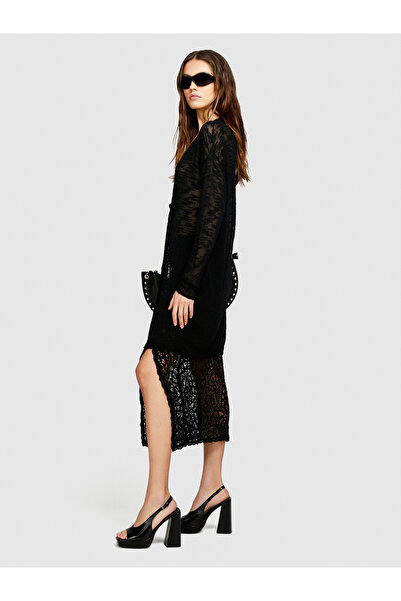 Sisley Black Cotton Midi Pencil Skirt - Two Texture and Slit Sides