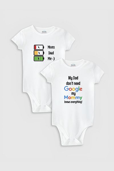 Overoz Google Mother and Father Baby Bodysuit - Organic 100% Cotton, Set of 2, White Bodysuit with Snap Fasteners 5174-5130