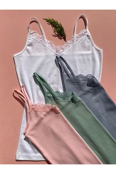 LEYNA BUTİK Women's 4 Rope Strap Cotton, Lycra, Lace, Ribbed Ribbed Undershirt (Pink-Blue-Green-White)