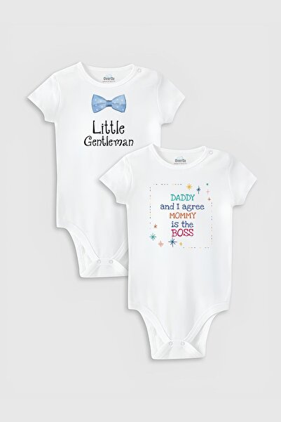 Overoz Organik %100 Pamuk Little Gentleman 2'li Bebek Body Set Beyaz Badi Çıt...
