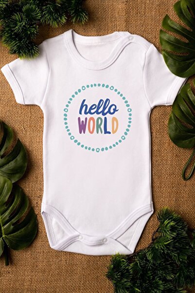 Overoz Hello World Printed Organic Cotton Baby Bodysuit - Short Sleeve, Snap ...
