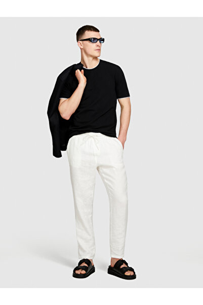 Sisley 100% in alb - Pantaloni pentru bărbați cu talie cu șnur slim fit