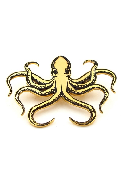 Solfera Ahtapot Okyanus Resif Octopus Paslanmaz Sarı Çelik Rozet Broş Pin RZ224