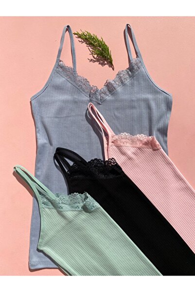 LEYNA BUTİK قميص داخلي نسائي مكون من 4 أشرطة من القطن والليكرا والدانتيل ومضلع مضلع (أسود-وردي-أزرق-أخضر)